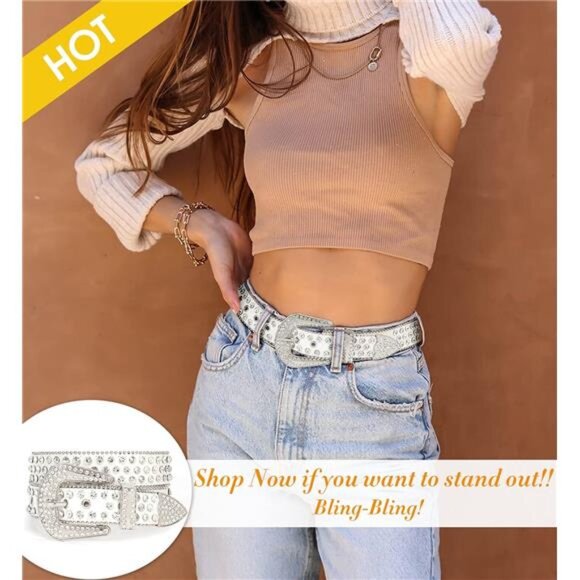 Rhinestone Belt for Men Women Western Cowboy Cowgirl Bling Studded - Picture 2 of 14